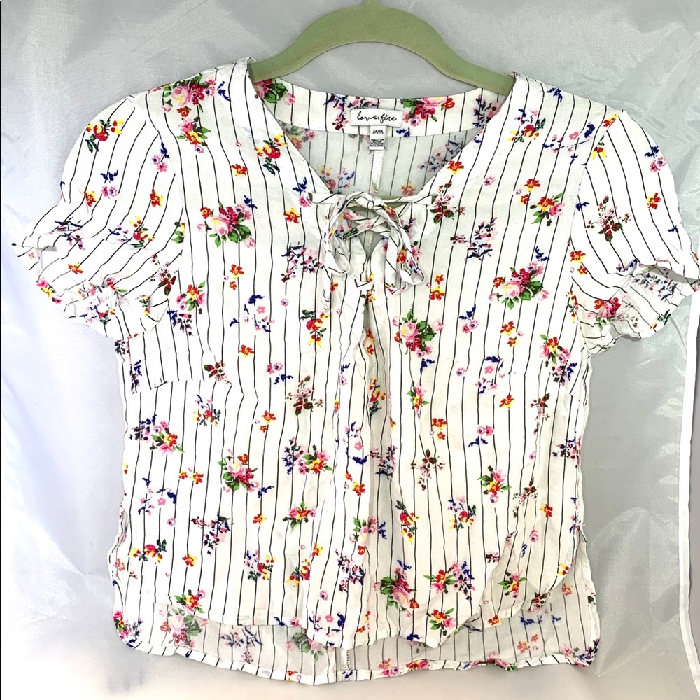 Floral White Top with Black Stripes